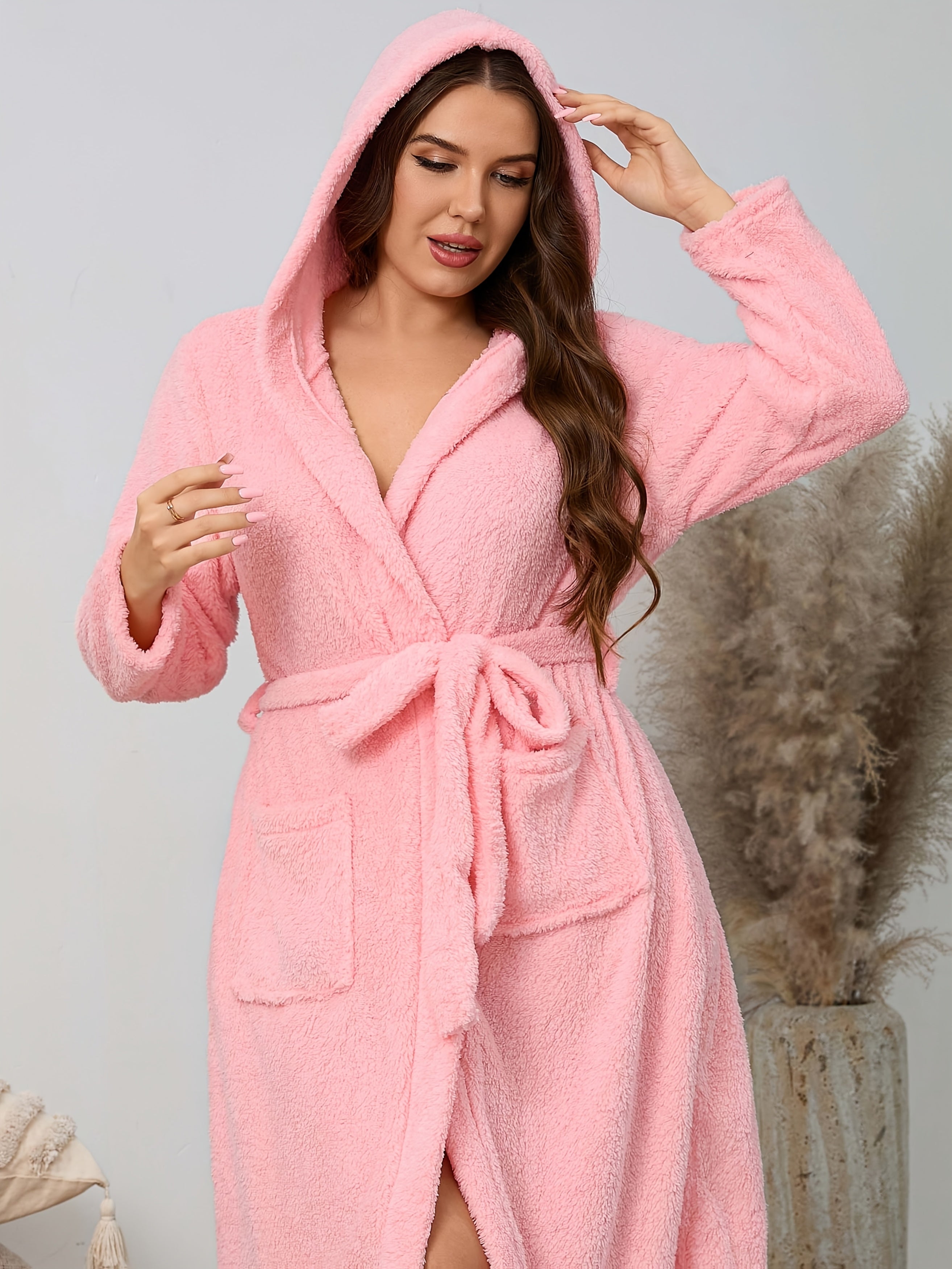 Plus Size Women's Fleece Nightgown Winter Hoodie Bathrobe With Pockets