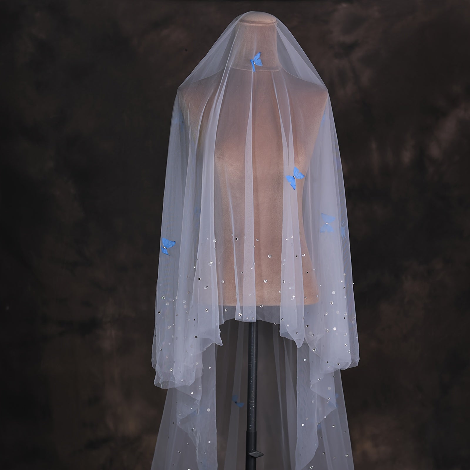 Bridal Veil Cathedral Style Nylon Rhinestone Blue Butterfly Wedding Accessory