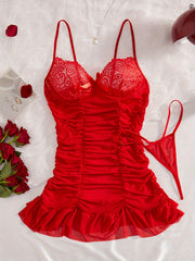 Women's Red Lace Babydoll Dress with Sheer Floral Pattern and Ruffled Details