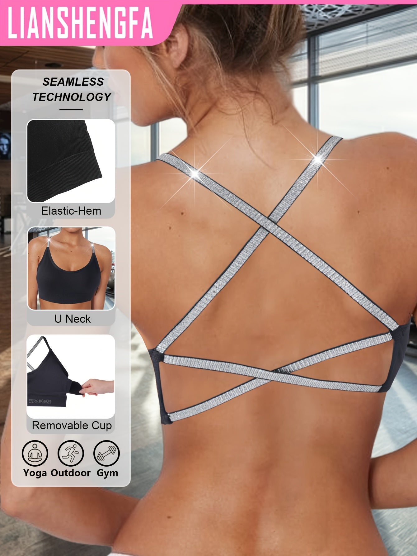 Women's Glittery Backless Sports Bra with Colorful Straps High Support Breathable for Workout