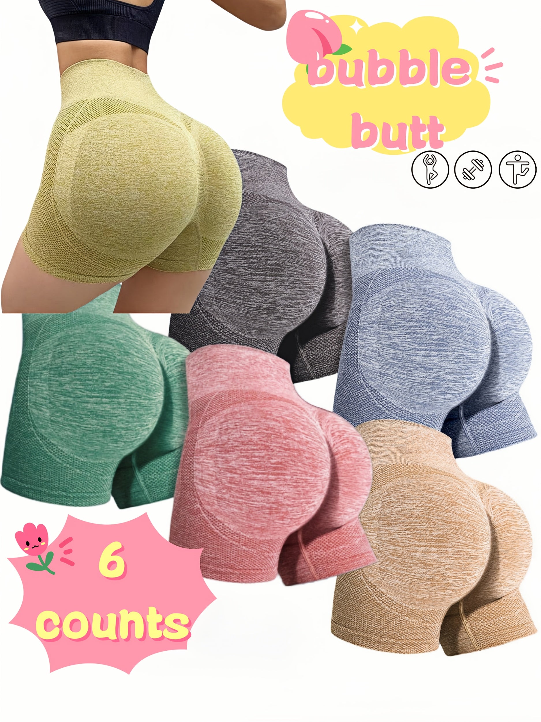 Women's Mid Elastic Polyester Butt-Lifting Shorts for Yoga Sports and Fitness Set of Six