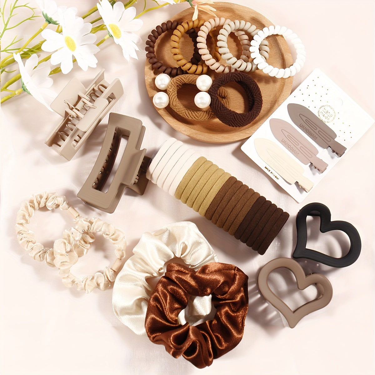 38-Piece Coffee Colored Hair Accessories Set for Women with Love Heart Designs and Frosted Finish