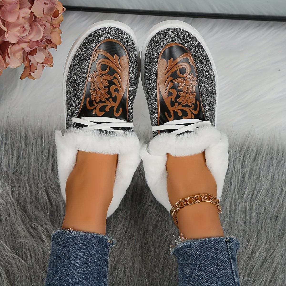 Ayollar uchun qorli botlar, mo'ynali ichki qismi, EVA taglik, sirpanishga qarshi, kulrang, qishki poyabzal