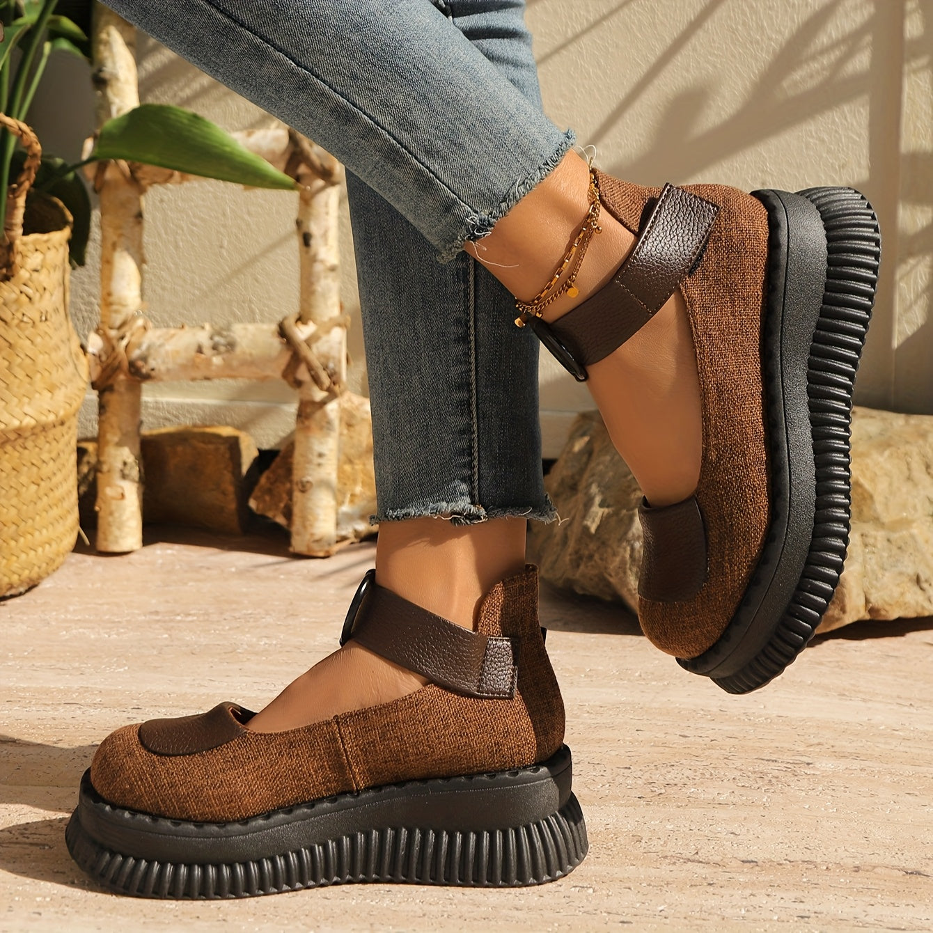 Women's Canvas Mary Jane Shoes with Platform Sole Adjustable Strap Black Beige