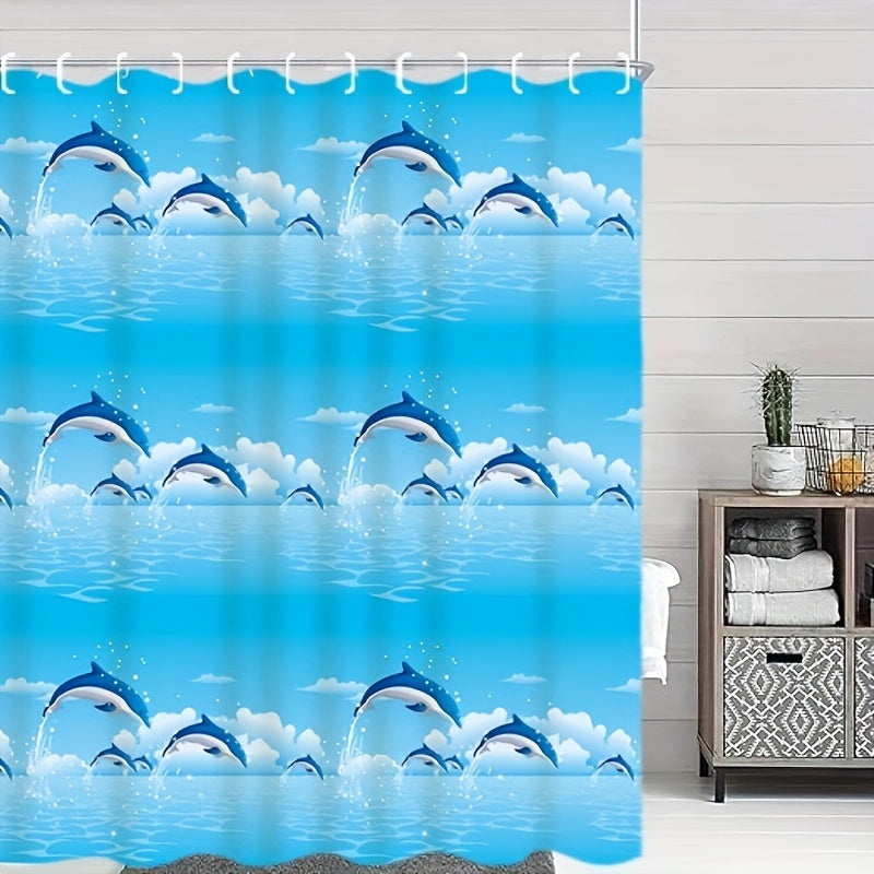 Dolphin Shower Curtain Waterproof PVEA Fabric Blue White Cloud Design 180cm x 180cm