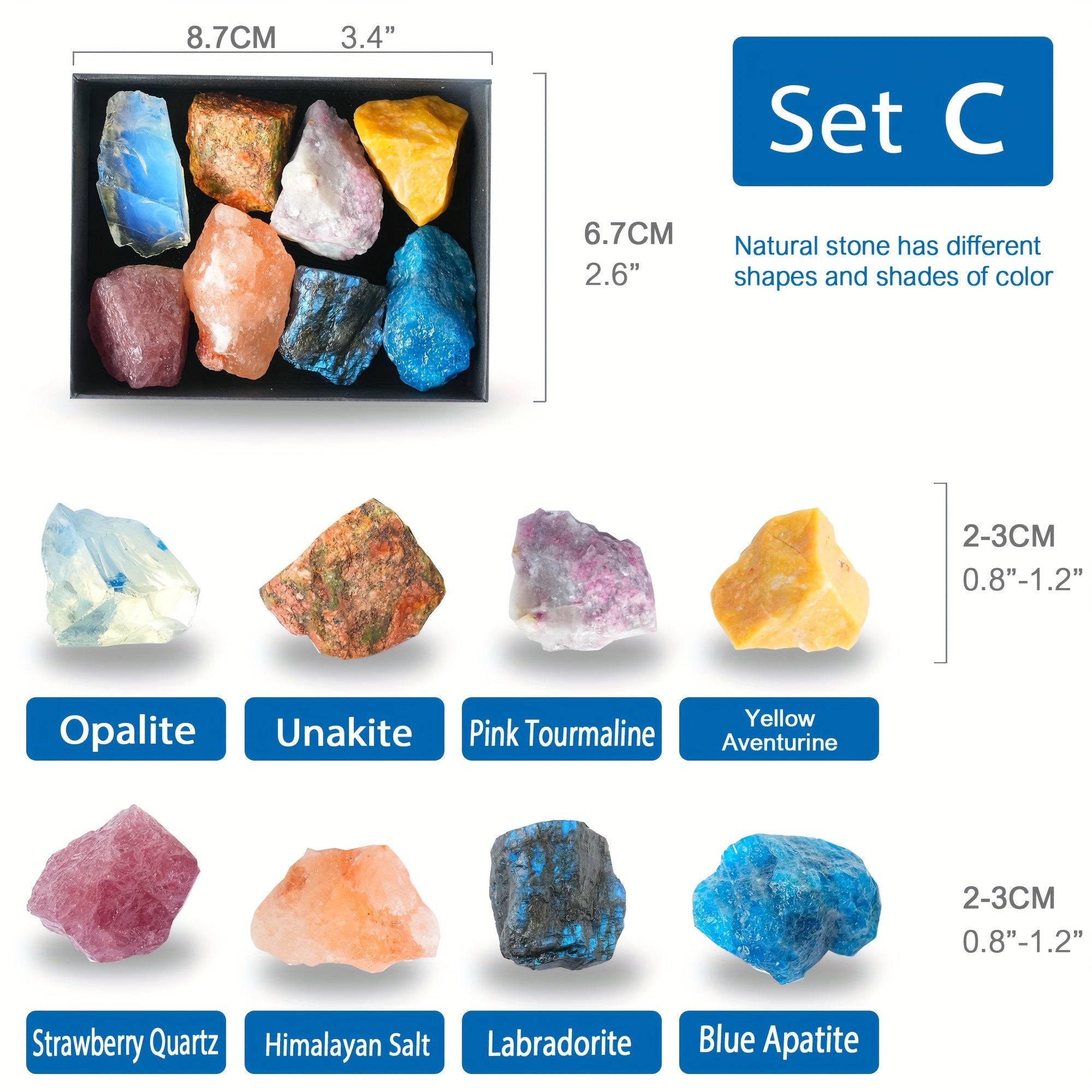 Набор из 8 крупных натуральных кристаллов и камней в коллекционной коробке из кристаллического гема