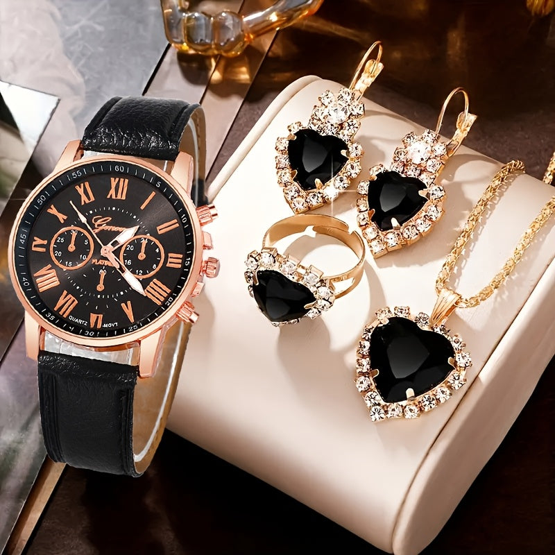 Women's Purple Quartz Watch and Heart Jewelry Set with Faux Leather Strap and Zinc Alloy Case