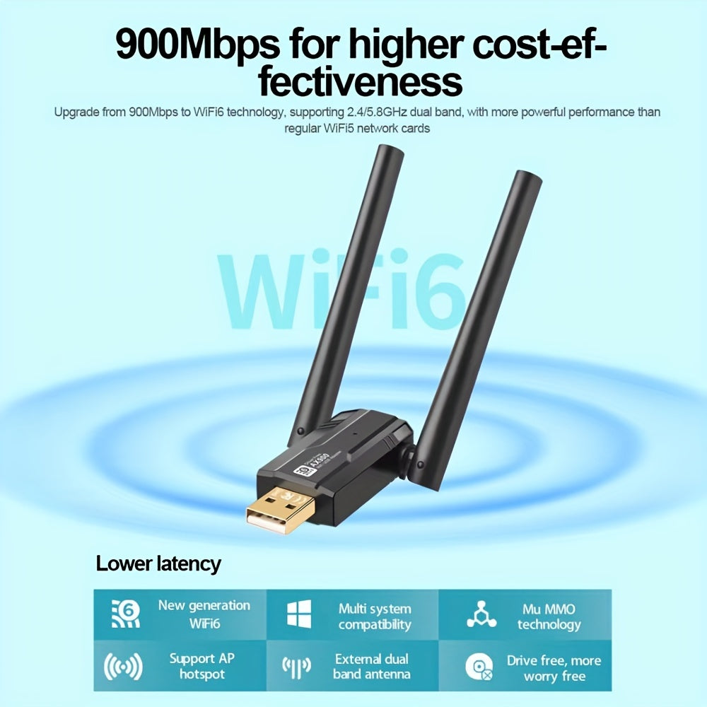 WiFi 6 USB Adapter Dual Band 900Mbps Wireless Network Card for Mac Windows