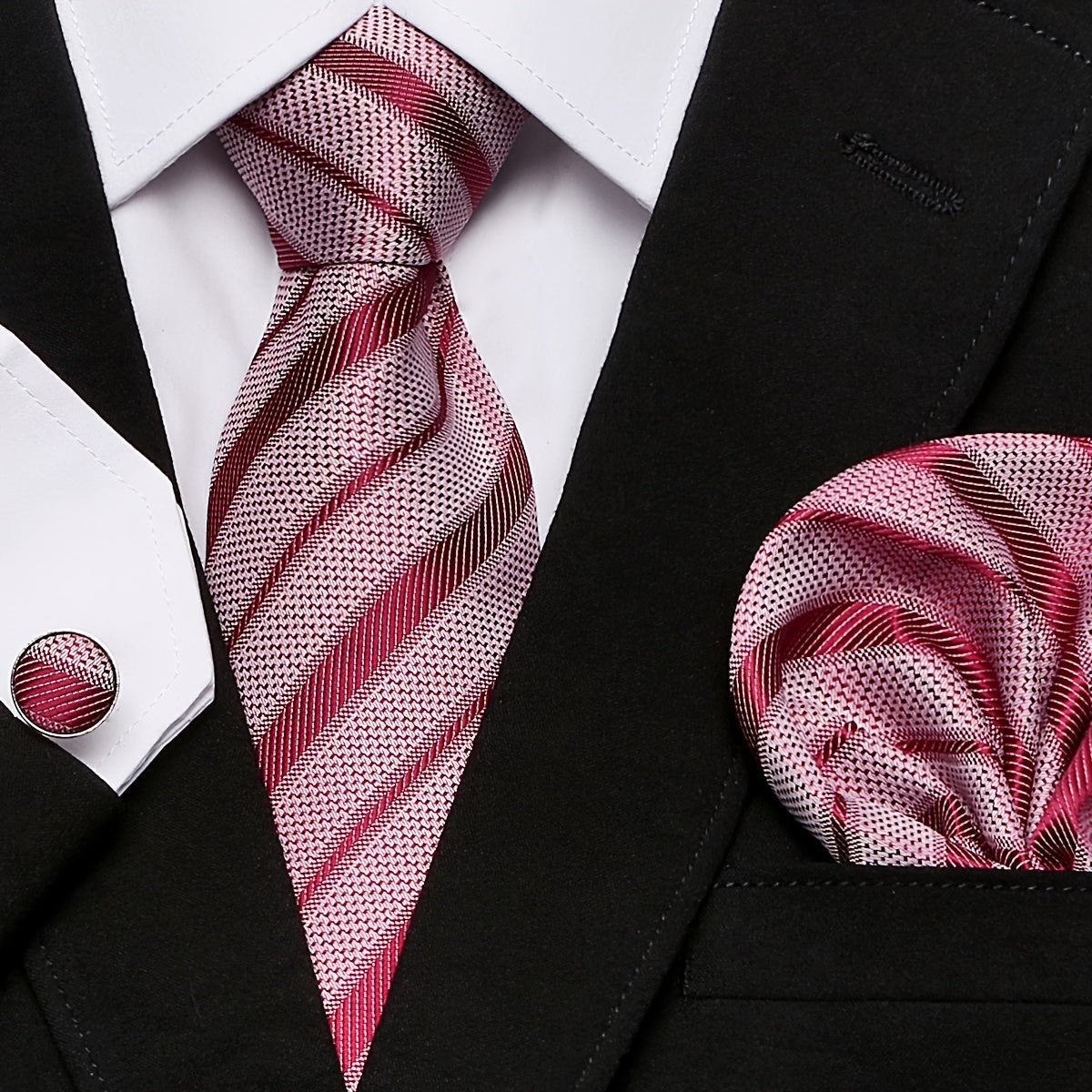 Elegant Paisley Stripe Tie Set with Pocket Square and Cufflinks for Weddings and Formal Events