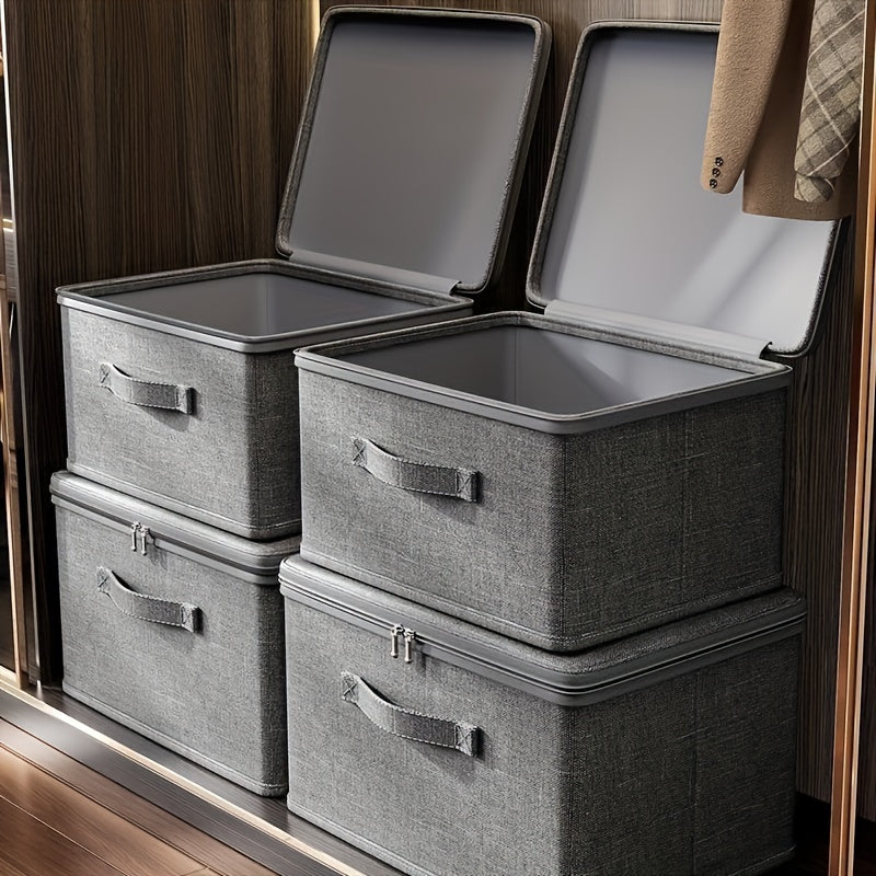 Large Gray Stackable Storage Box with Herringbone Pattern for Closet, Bedroom, Kitchen