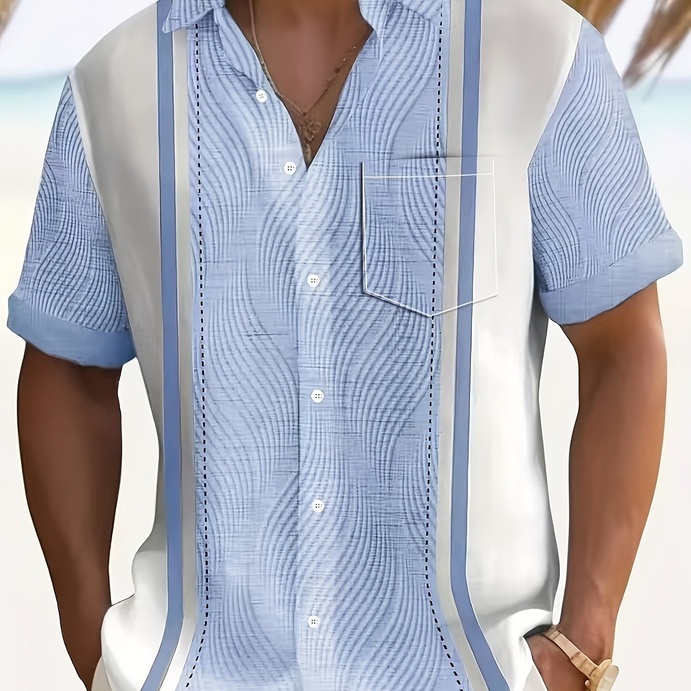 Men's Plus Size Button-Up Shirt with European and American Prints Slim Fit V-Neck Pockets All-Season