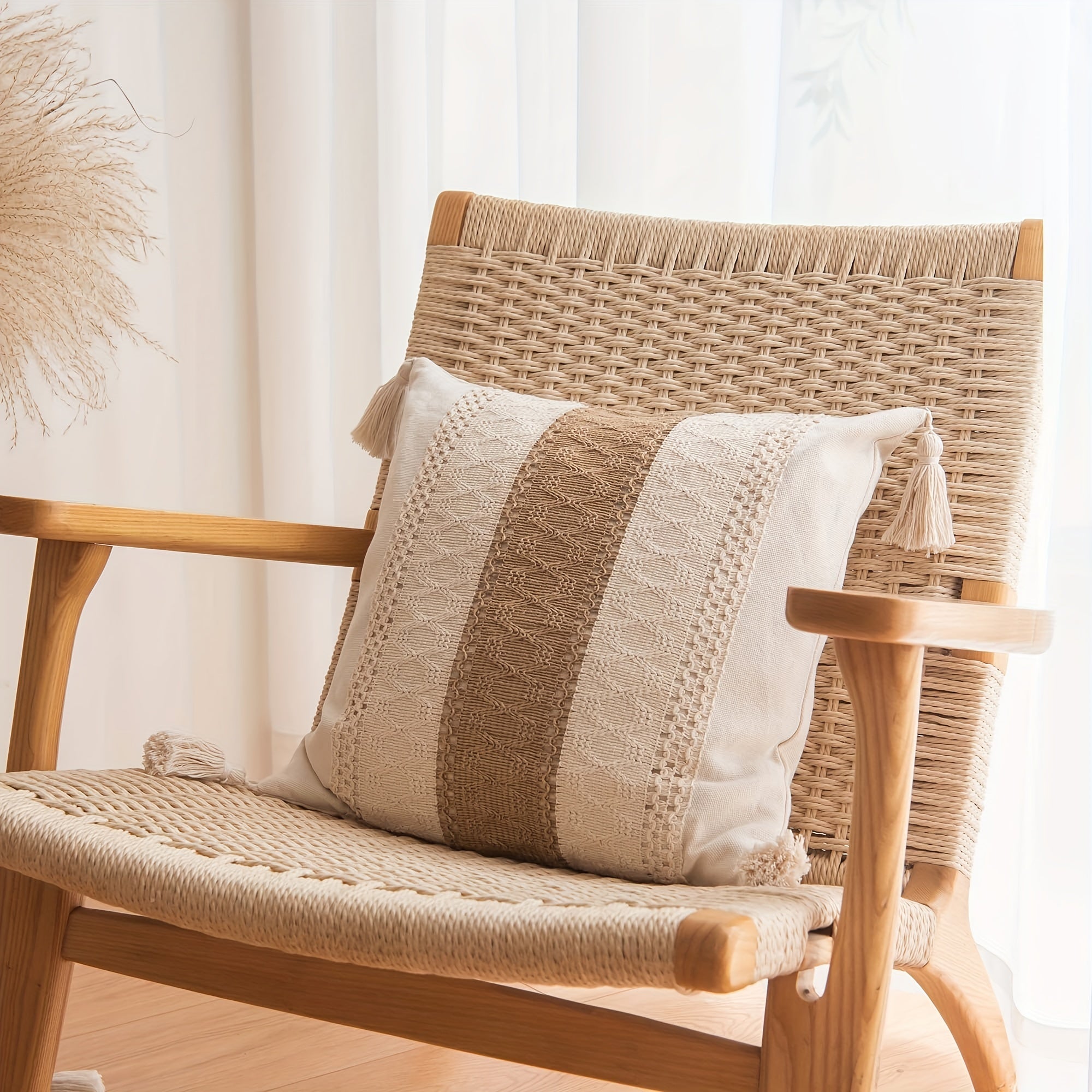 1 шт. Чехол для подушки в стиле фермерского дома с кисточками, из хлопкового мешковины, нейтральный декор для дивана или софы, гостиной или патио. Натуральный бежевый цвет с одним полосатым дизайном, подушка не включена.