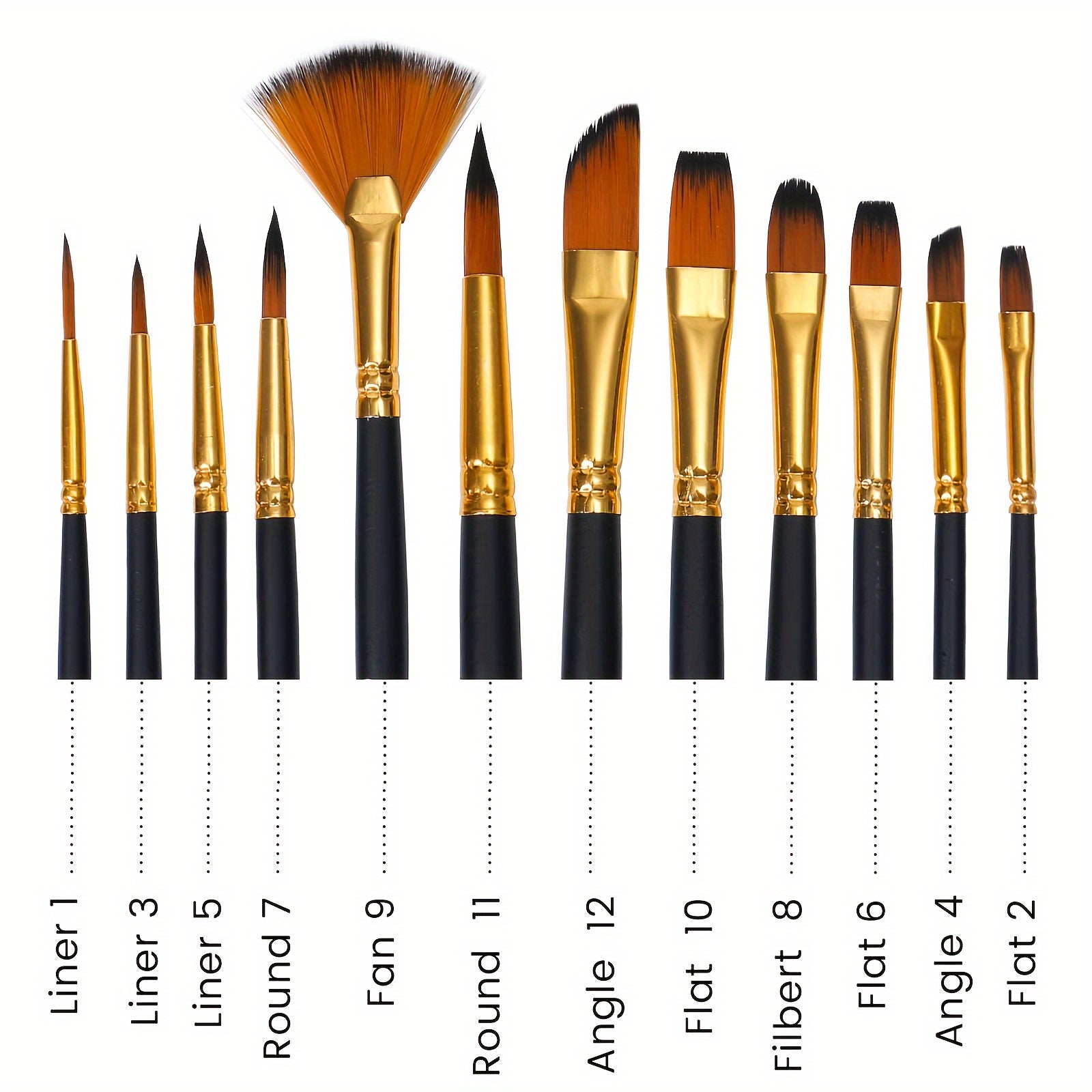 12-Piece Nylon Washable Paint Brush Set for Acrylic Watercolor Oil on Canvas Fabric