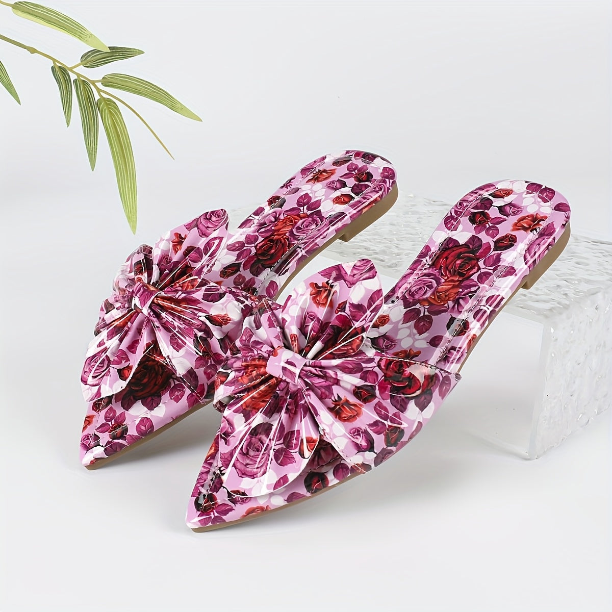 Women Metallic Slip-On Mules with Floral Bow Pointed Toe Flats