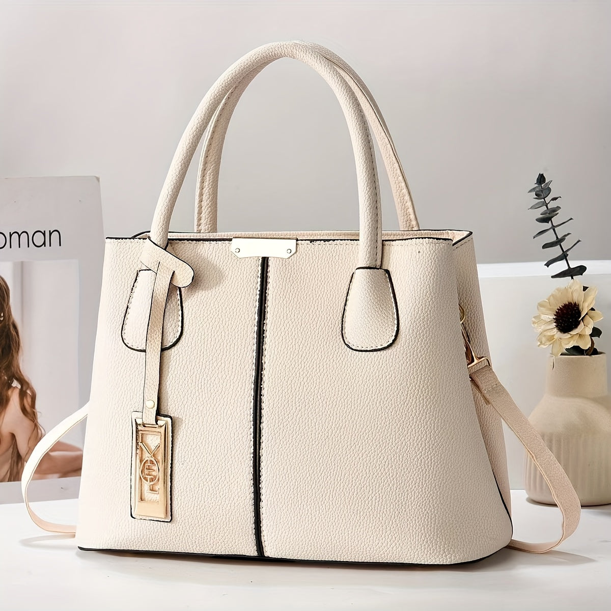 White Synthetic Leather Tote Bag with Tag Detail Large Capacity Multi-Layer Design