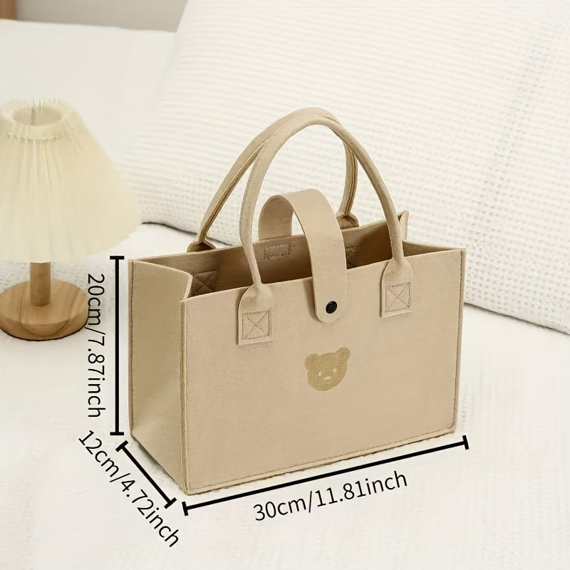 Beige Felt Tote Bag with Bear Design for Girls Spacious Shoulder Handbag for Shopping and Daily Use
