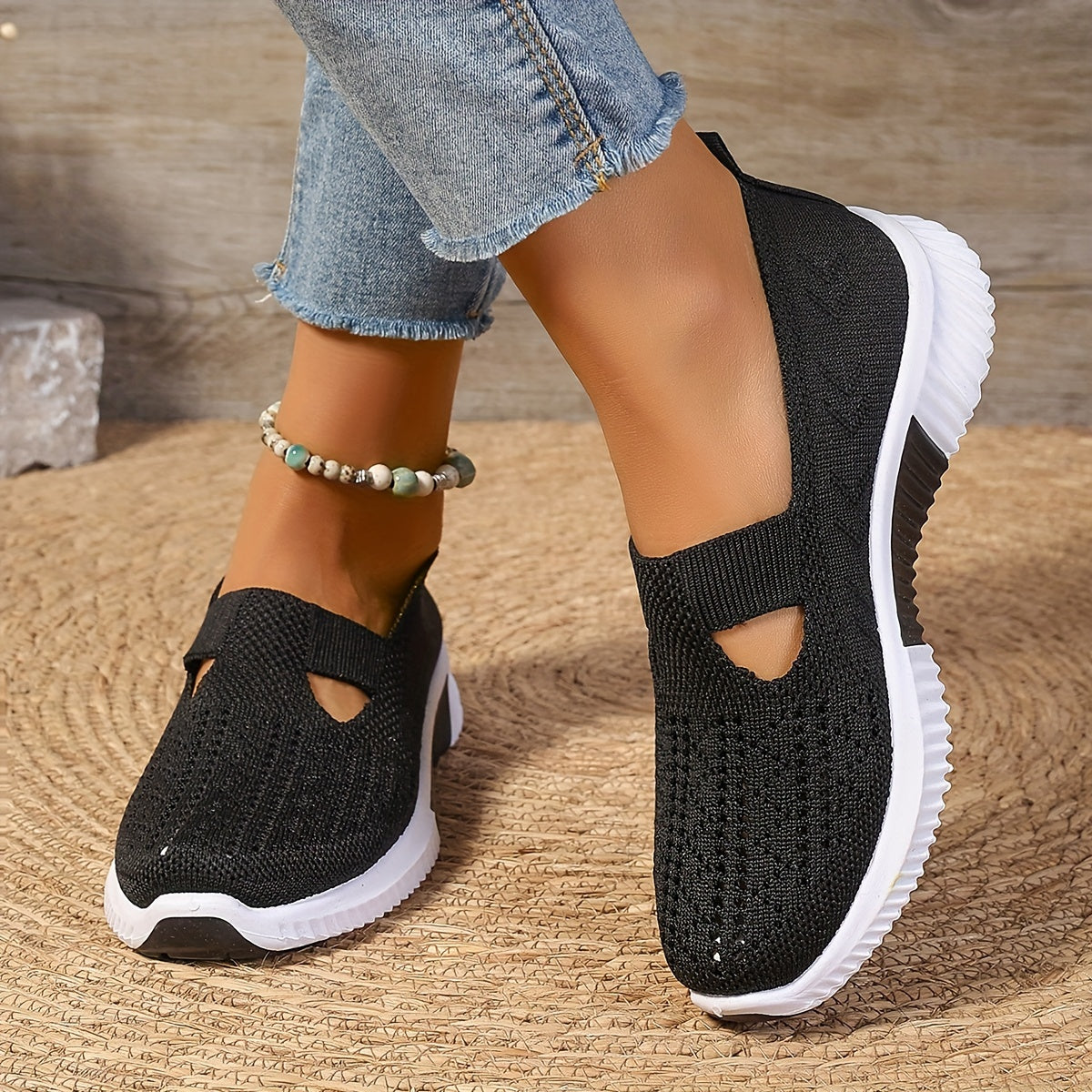 Women's Breathable Slip-On Sneakers Knit Fabric All-Season Walking Shoes