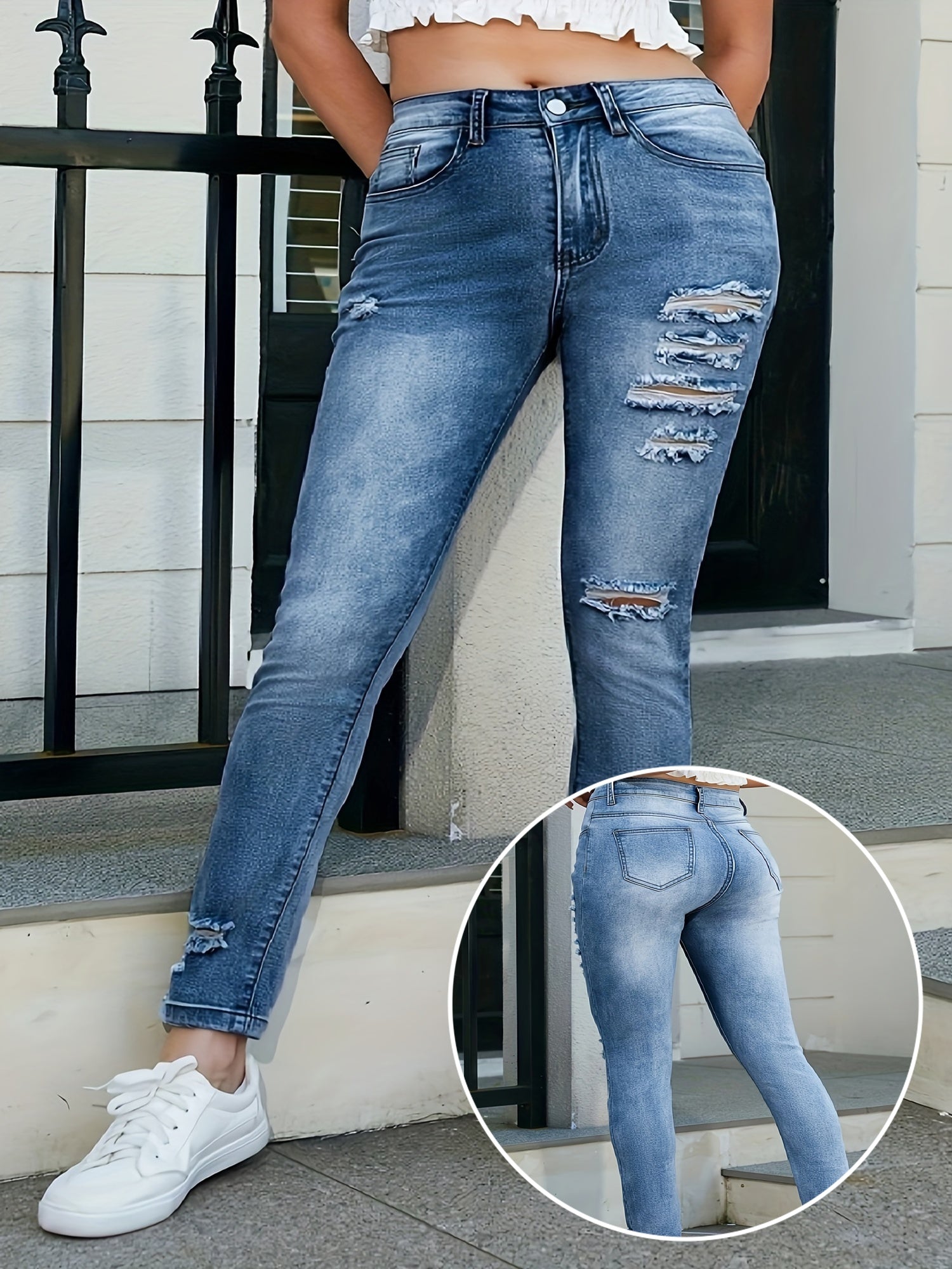 Plus Size Women's Ripped Skinny High Stretch Denim Jeans