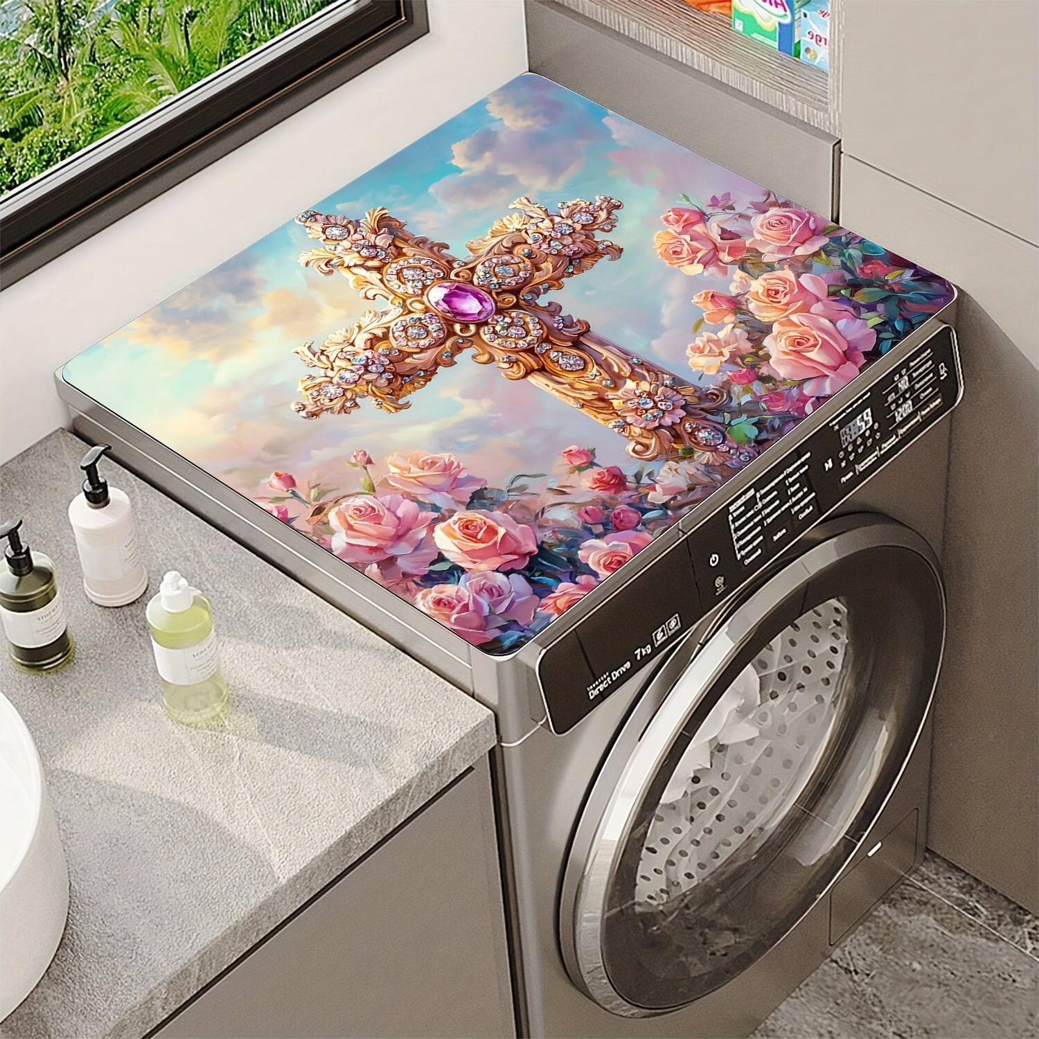 Rose Printed Washing Machine Dust Cover with Non-Slip Top Mat for Laundry Room
