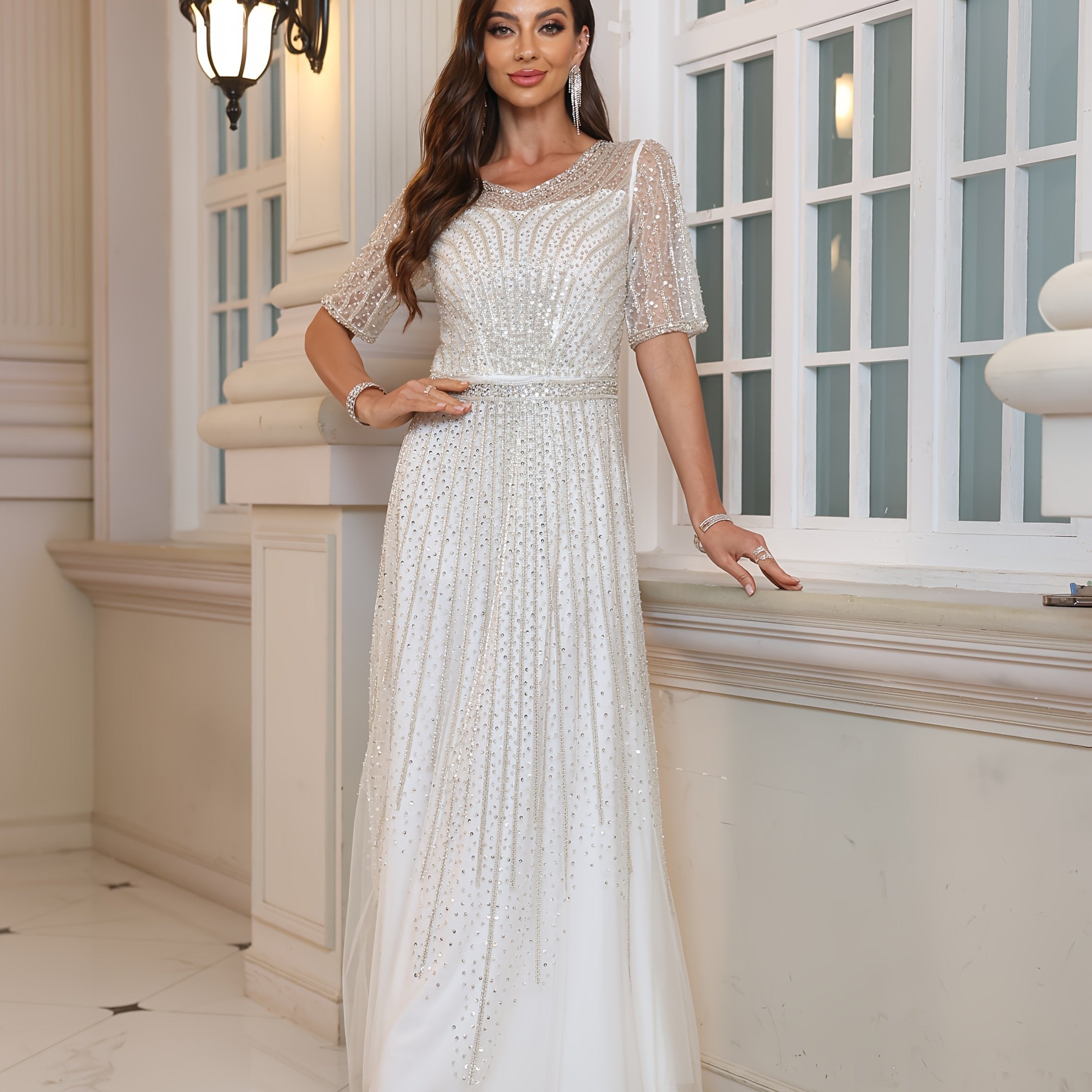 Women's Beaded Striped Long Dress Evening Gown for Weddings and Formal Events