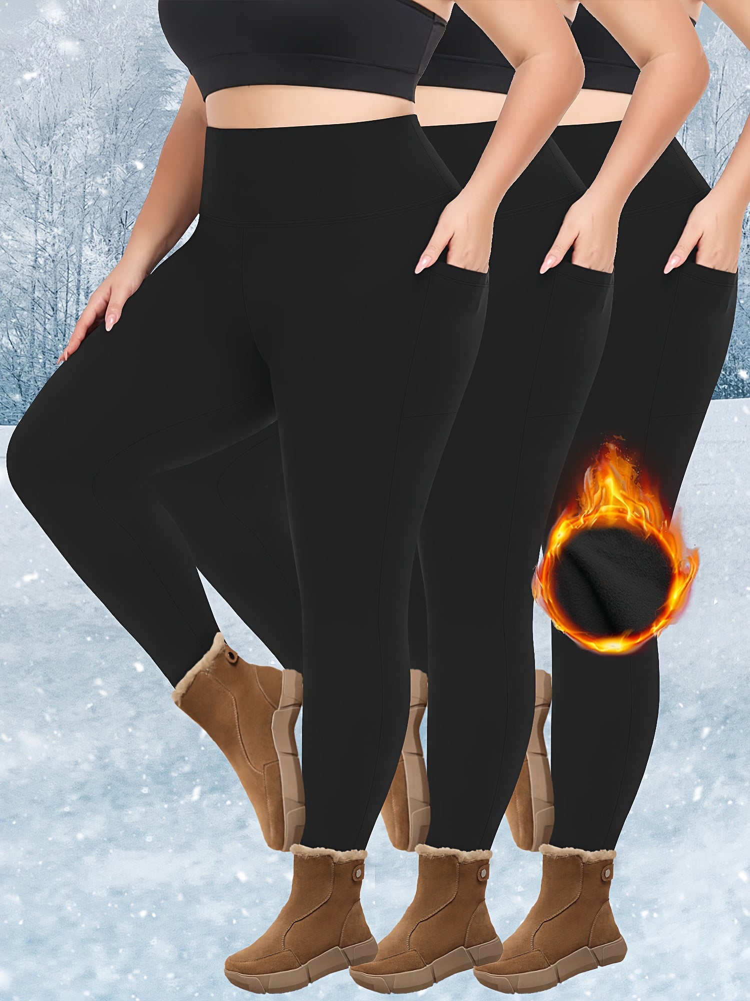 Women's Fleece-Lined High-Waist Leggings with Pockets Black Cold Weather