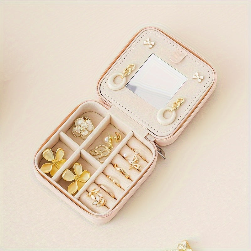 Organizador pequeño de joyas con espejo y cierre de cremallera para viaje, con tres capas y múltiples compartimentos