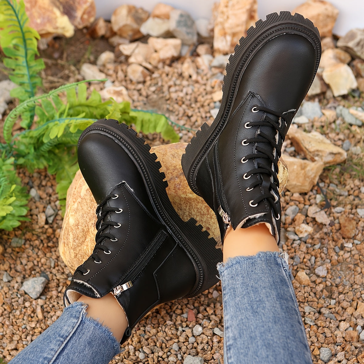 Women's Fleece-Lined Casual Short Boots Autumn Winter Warm Solid Color