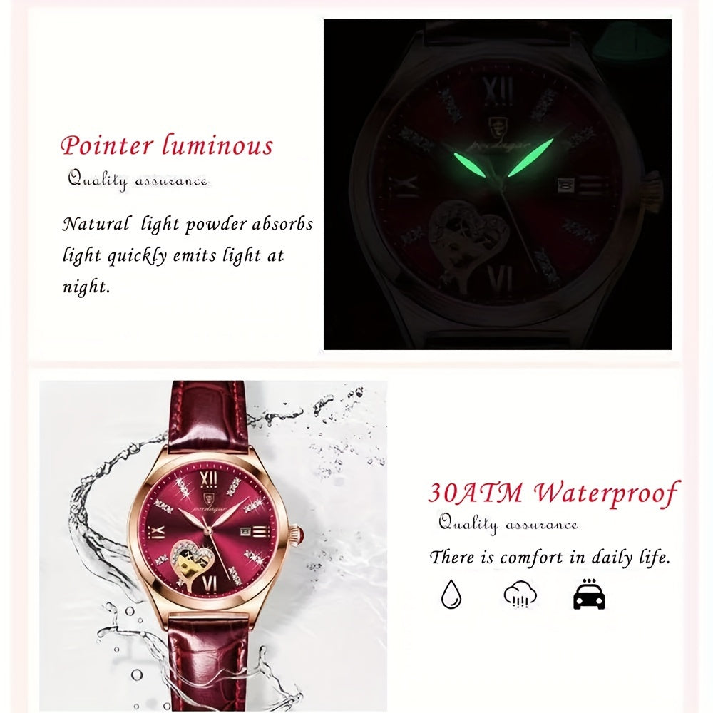 Women's Heart-Shaped Rhinestone Watch with Luminous Dial and Leather Band
