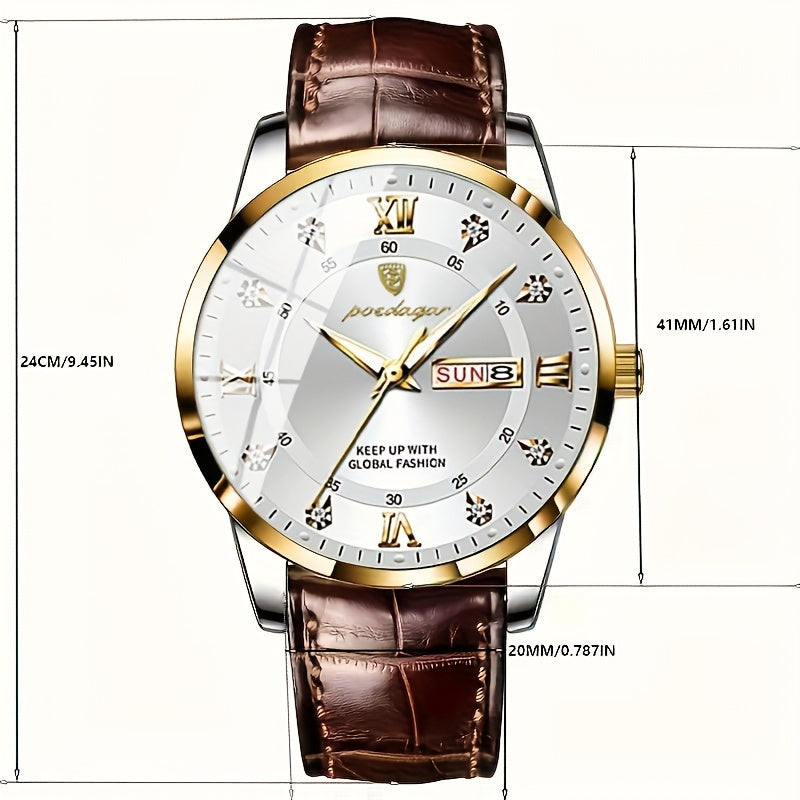 Reloj de pulsera de cuarzo para hombre, estilo casual de negocios, con fecha, agujas luminosas, caja de aleación y correa de cuero sintético