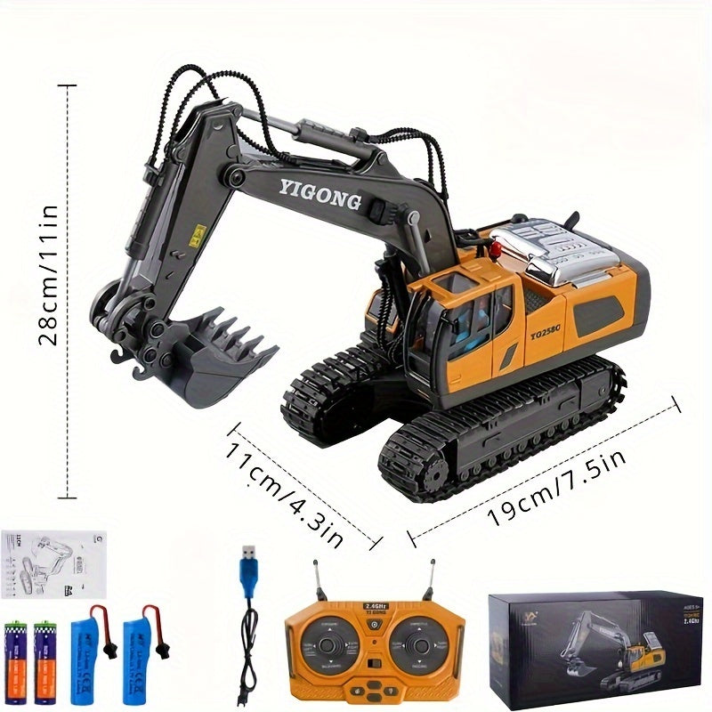 Juguete excavadora RC inalámbrica con pala de metal, 11 canales, recargable por USB, amarillo