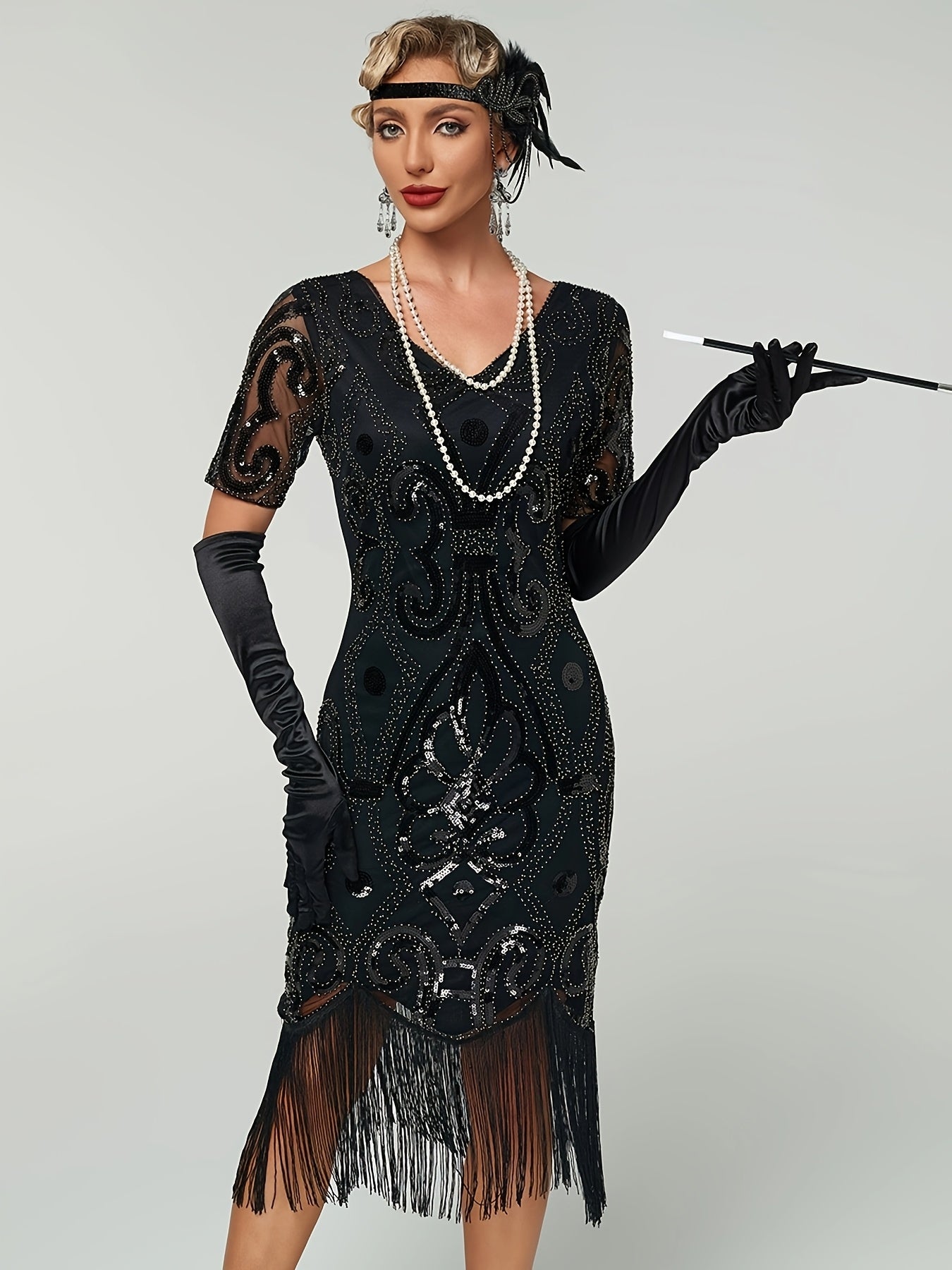 Plus Size 1920s Sequin Gatsby Party Dress Short Sleeve Evening Gown