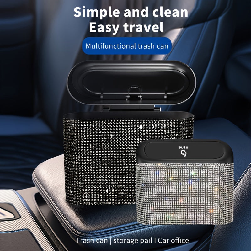 Car Interior Hanging Trash Can with Artificial Rhinestone Inlay Multi-Functional Storage