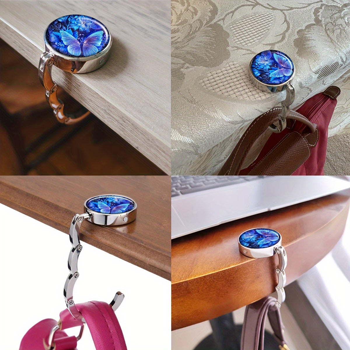 Portable Folding Handbag Hook Blue Butterfly Table Purse Hanger Bag Holder