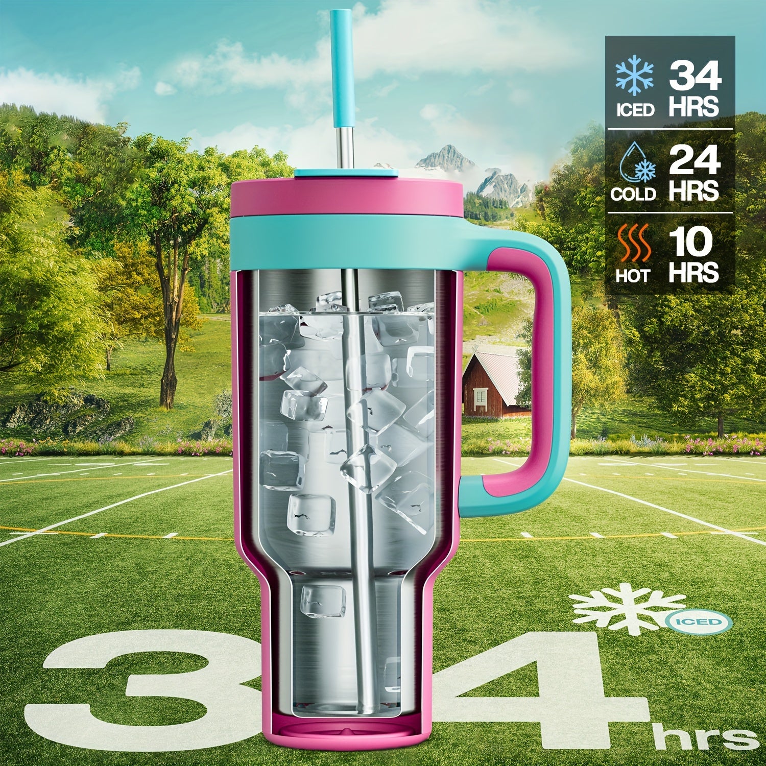 Vaso aislado de acero inoxidable de 40 oz con tapa y pajilla. Mantiene las bebidas frías por 34 horas y calientes por 10 horas. Ideal para exteriores.