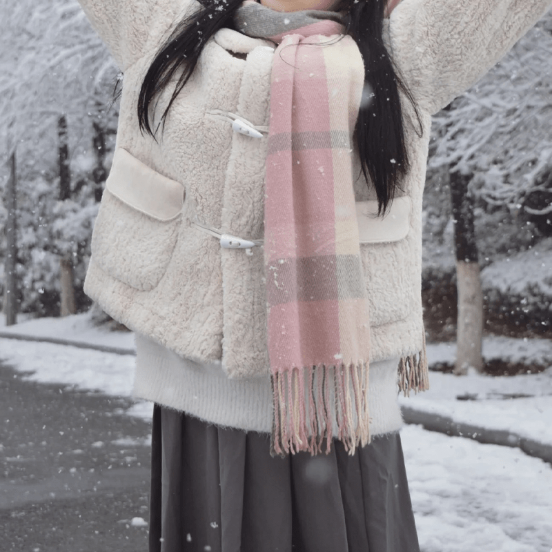 Stylish British-Inspired Plaid Scarf Set for Couples Warm Winter Shawls Blue White Pink