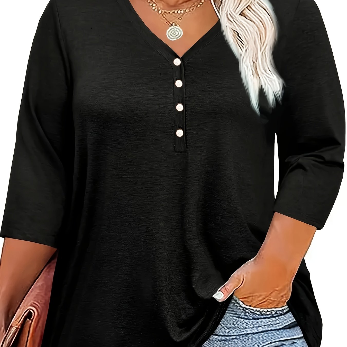 Women's V-Neck T-Shirt with Buttons Solid Color Polyester Spandex Pullover