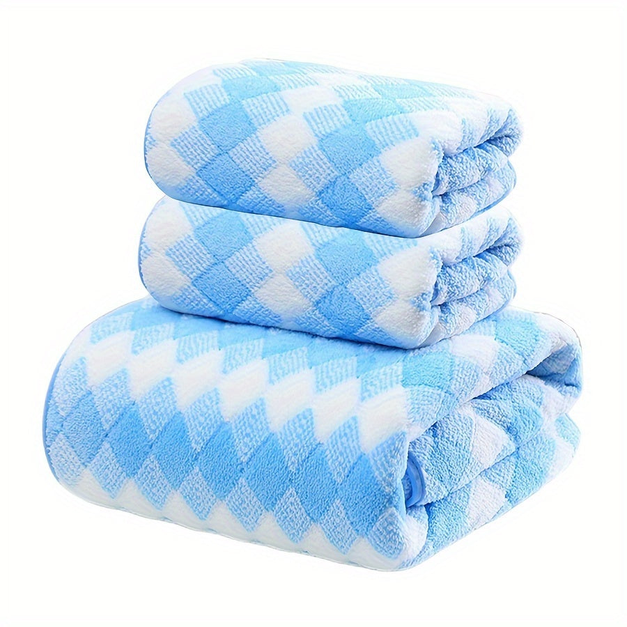 Plaid Pattern Towel Set Coral Velvet 2 Bath Towels 1 Hand Towel Absorbent