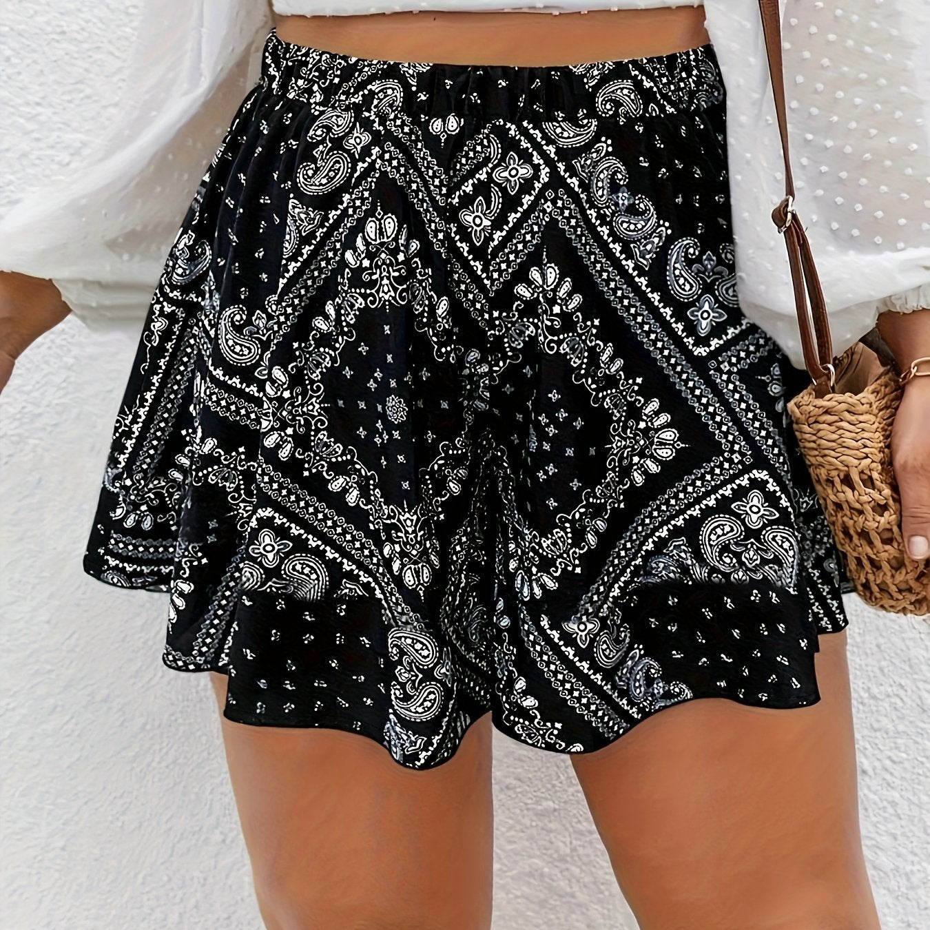 Шорты женские больших размеров с пейсли-принтом и широкими штанинами, стиль для отпуска, всесезонные