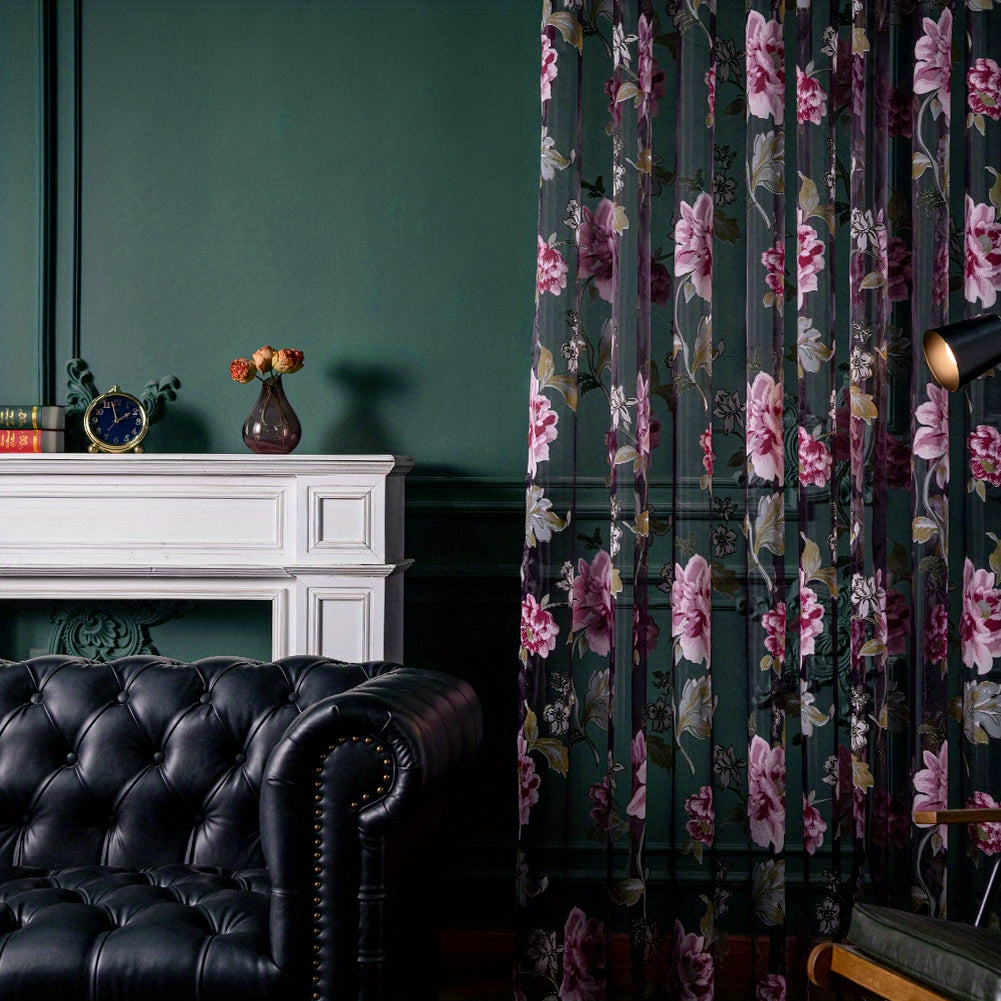 Small Translucent Curtain with Purple Flower Print for Living Room Bedroom Kitchen Bathroom