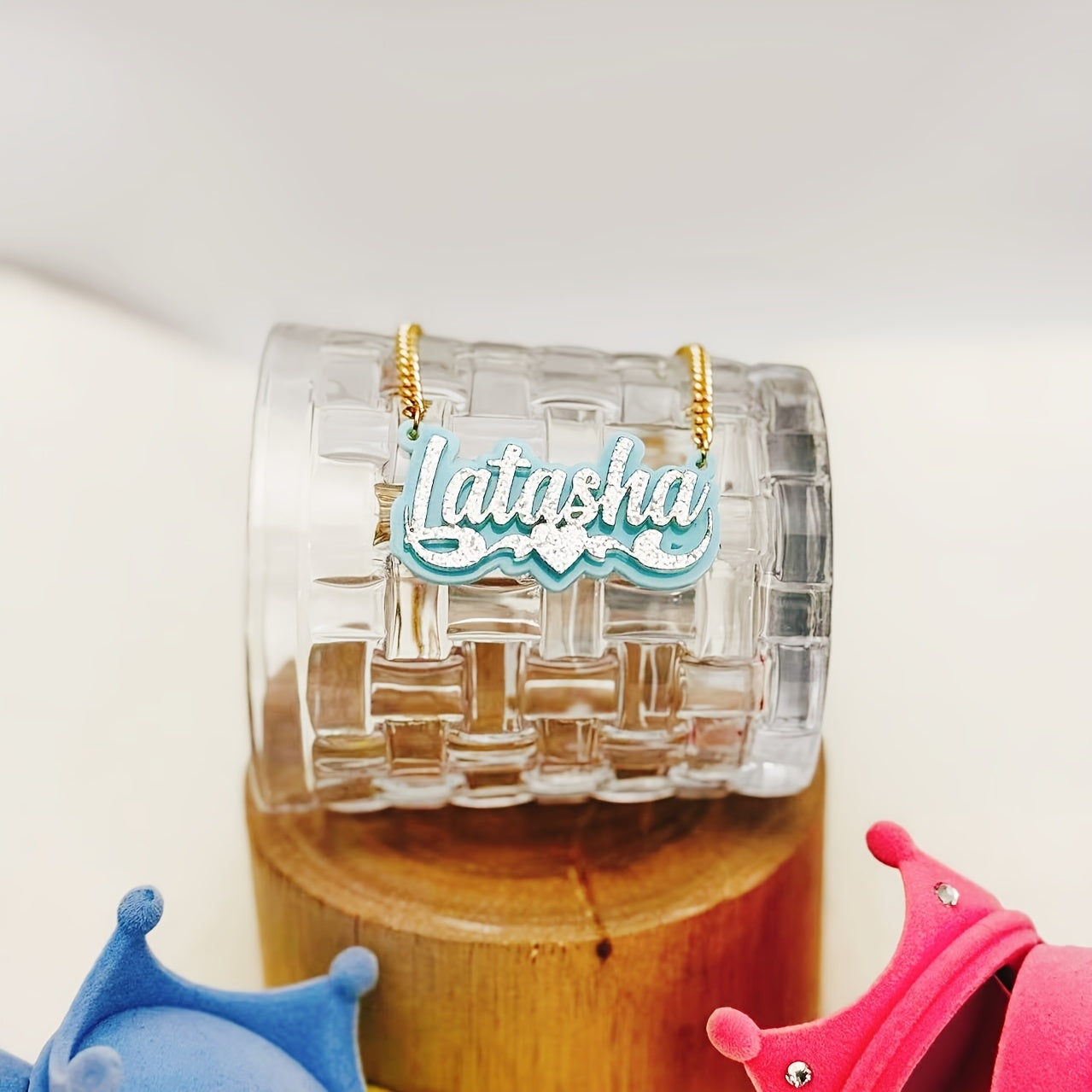 Personalized Acrylic Name Necklace with Heart Lace and Custom English Nameplate in Multiple Colors