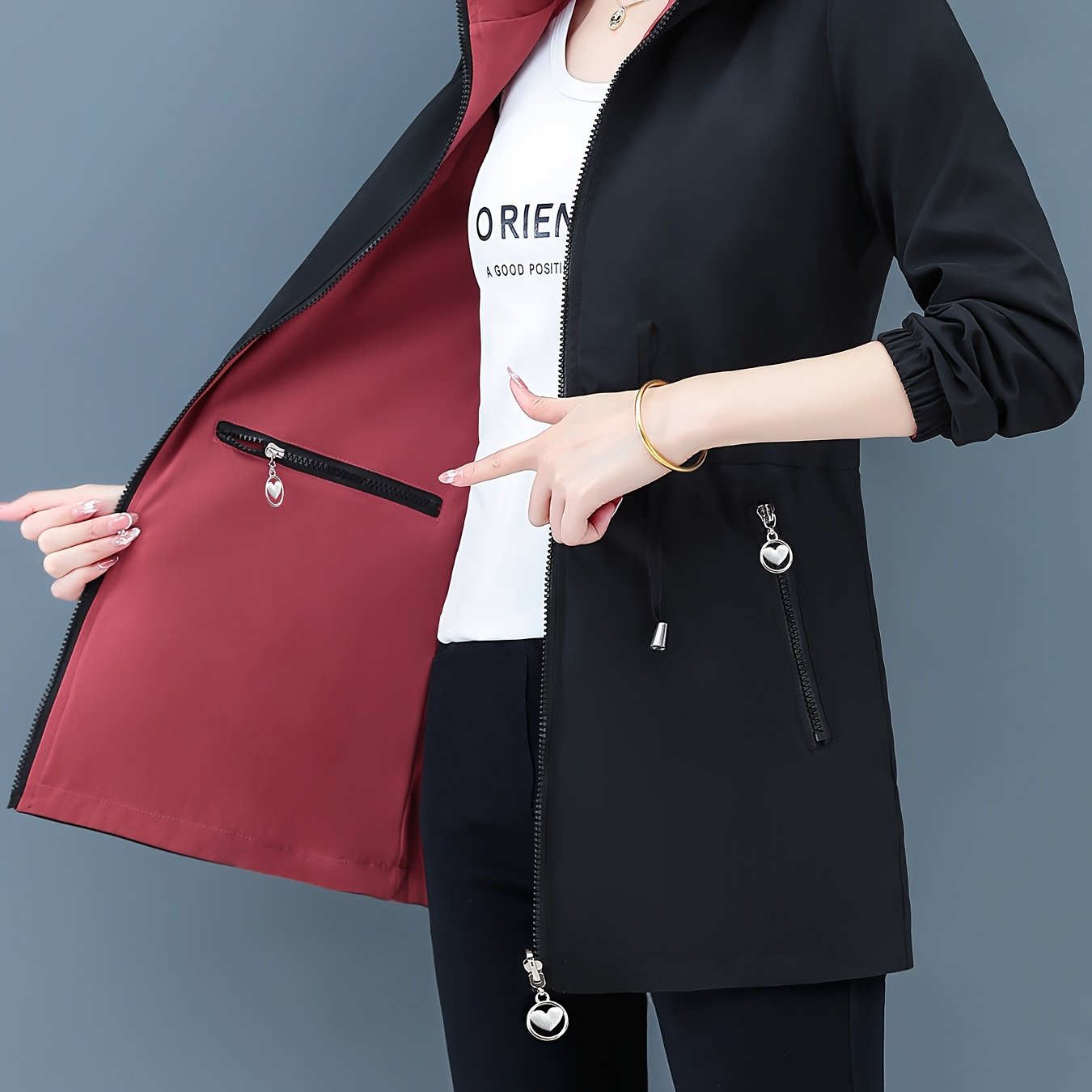 Women's Reversible Windbreaker Jacket Lightweight Hooded Spring Fall Casual Polyester