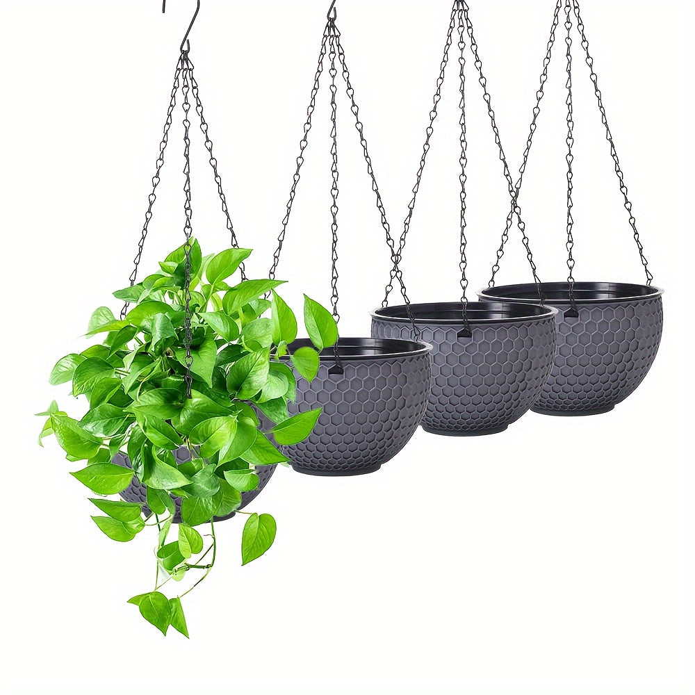 4-Pack Plastic Hanging Flower Pots with Drainage Holes and Chain Hook