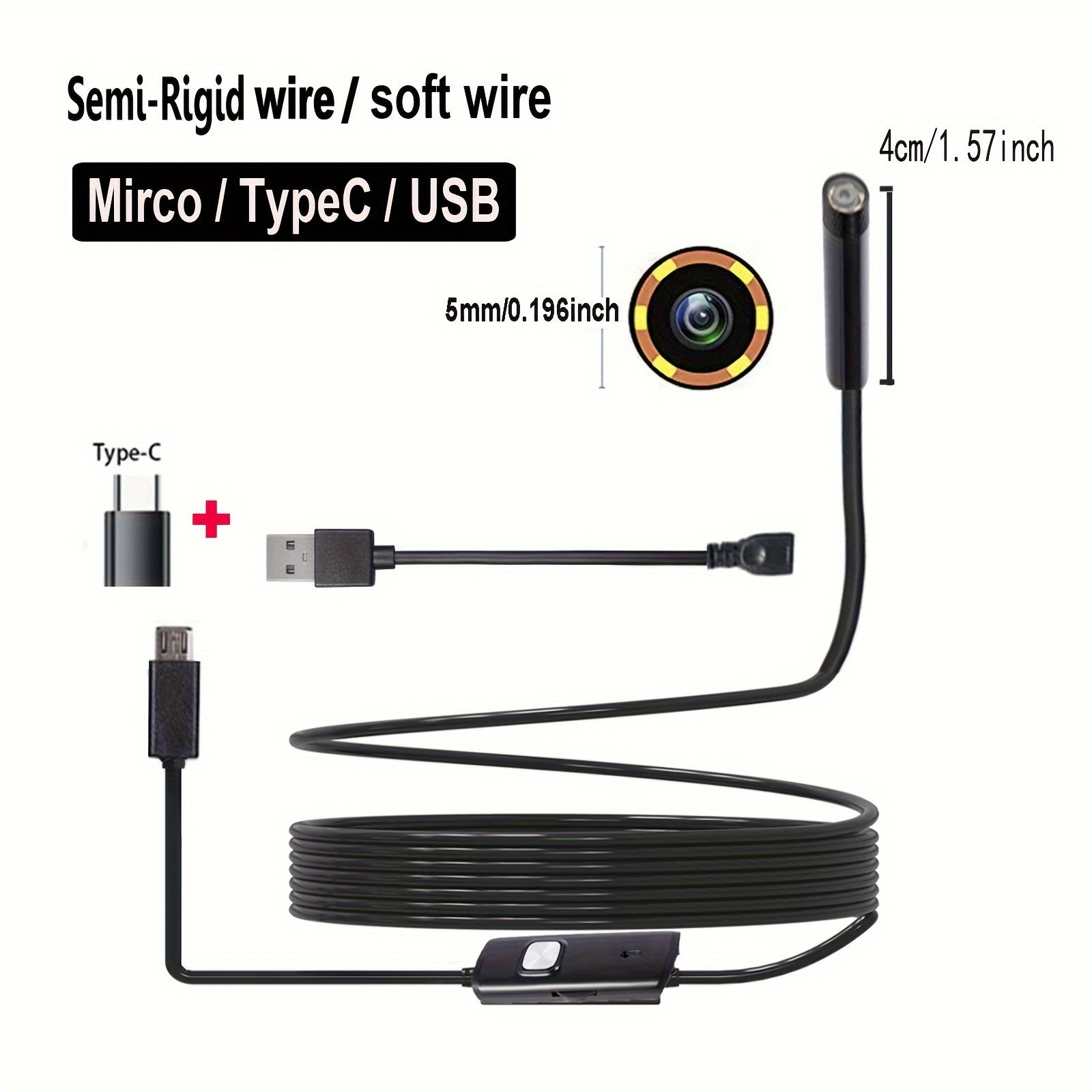 Industrial Endoscope Camera 5mm Diameter for Android Phones 1-10m Pipeline Inspection Automotive Repair Visual Inspection