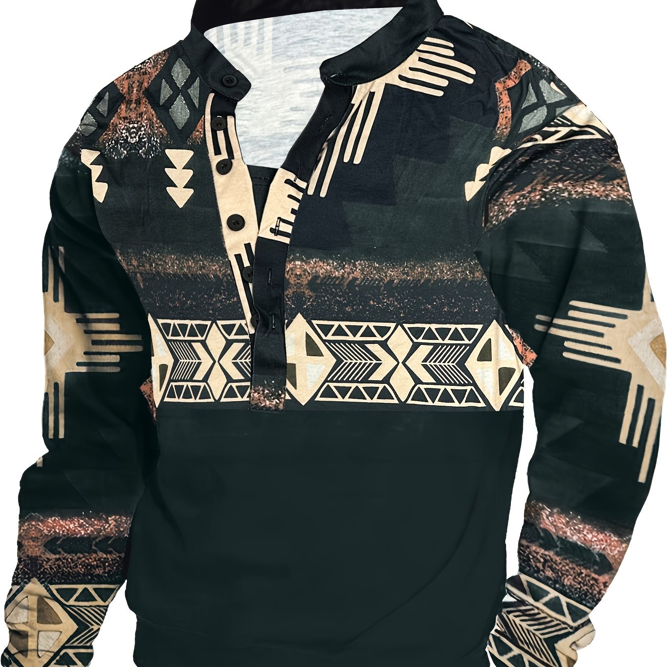 Men's Tribal Pattern Hoodie Made of 100% Polyester Knit Fabric with Lapel Collar and Button Detail