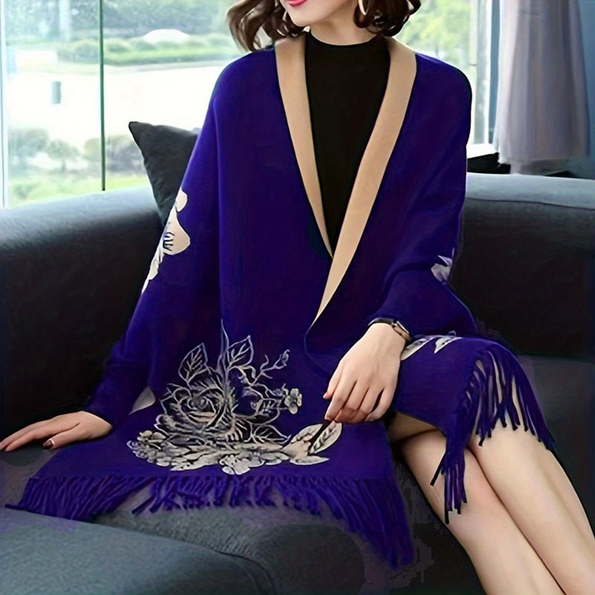 Women's Reversible Jacquard Warm Cape Shawl with Brooch Stylish Wrap