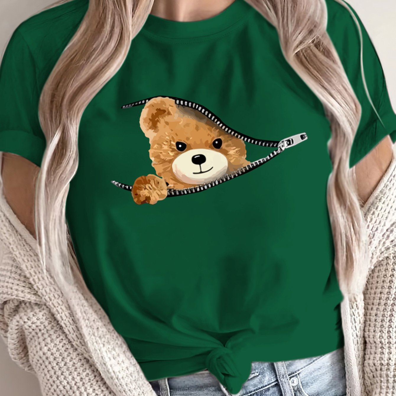Women's Oversized Graphic T-Shirt Breathable Polyester Teddy Bear Design Loose Fit