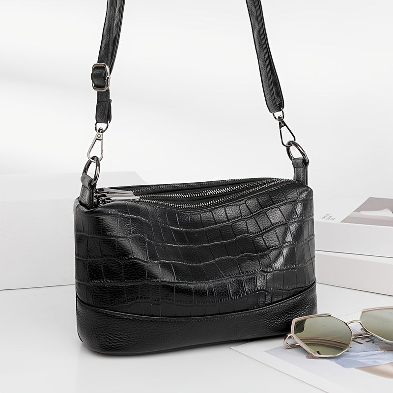 Women's Genuine Leather Shoulder Bag with Large Capacity Black White