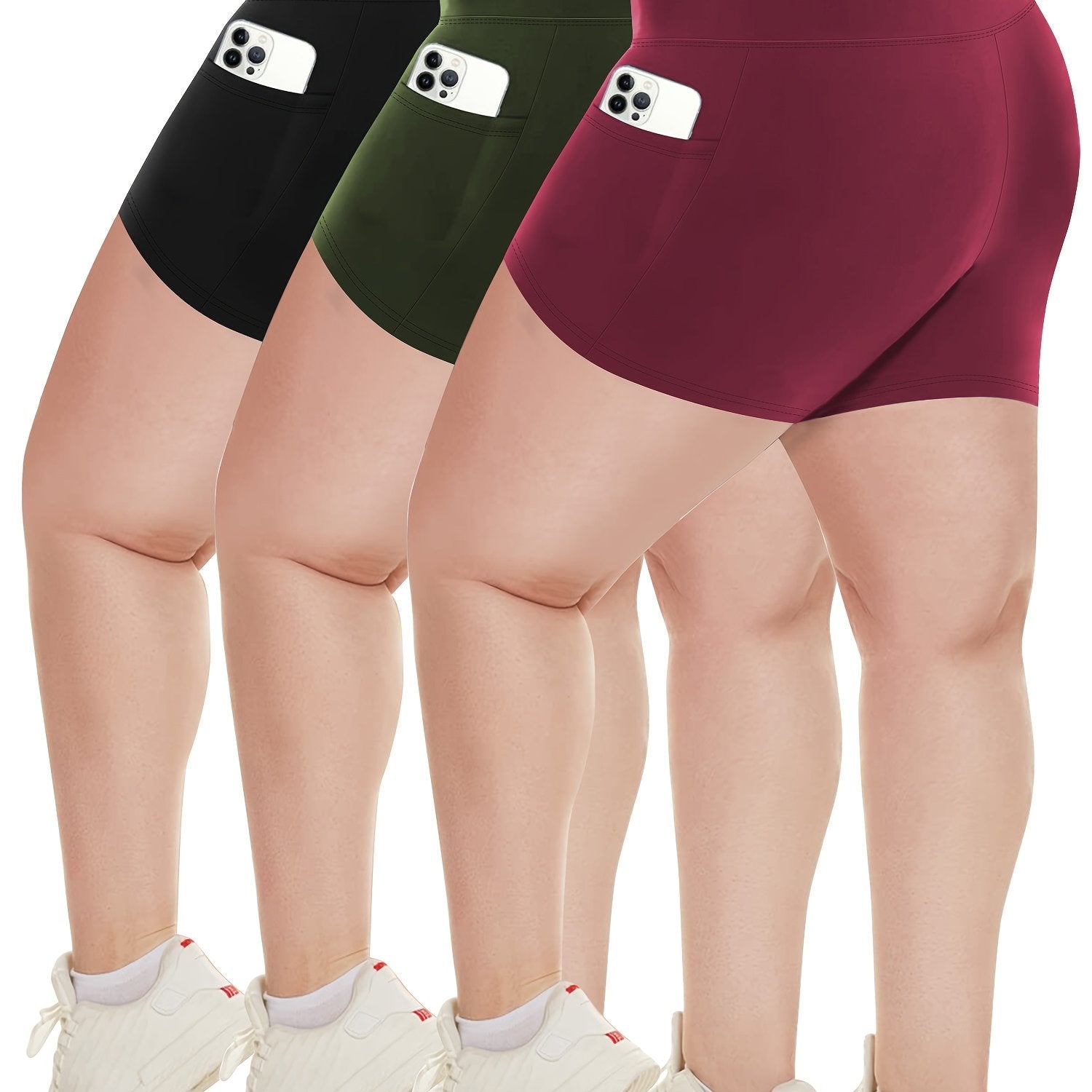 Pack de 3 pantalones cortos de gimnasio de cintura alta para mujer talla grande con bolsillos, ajuste suave