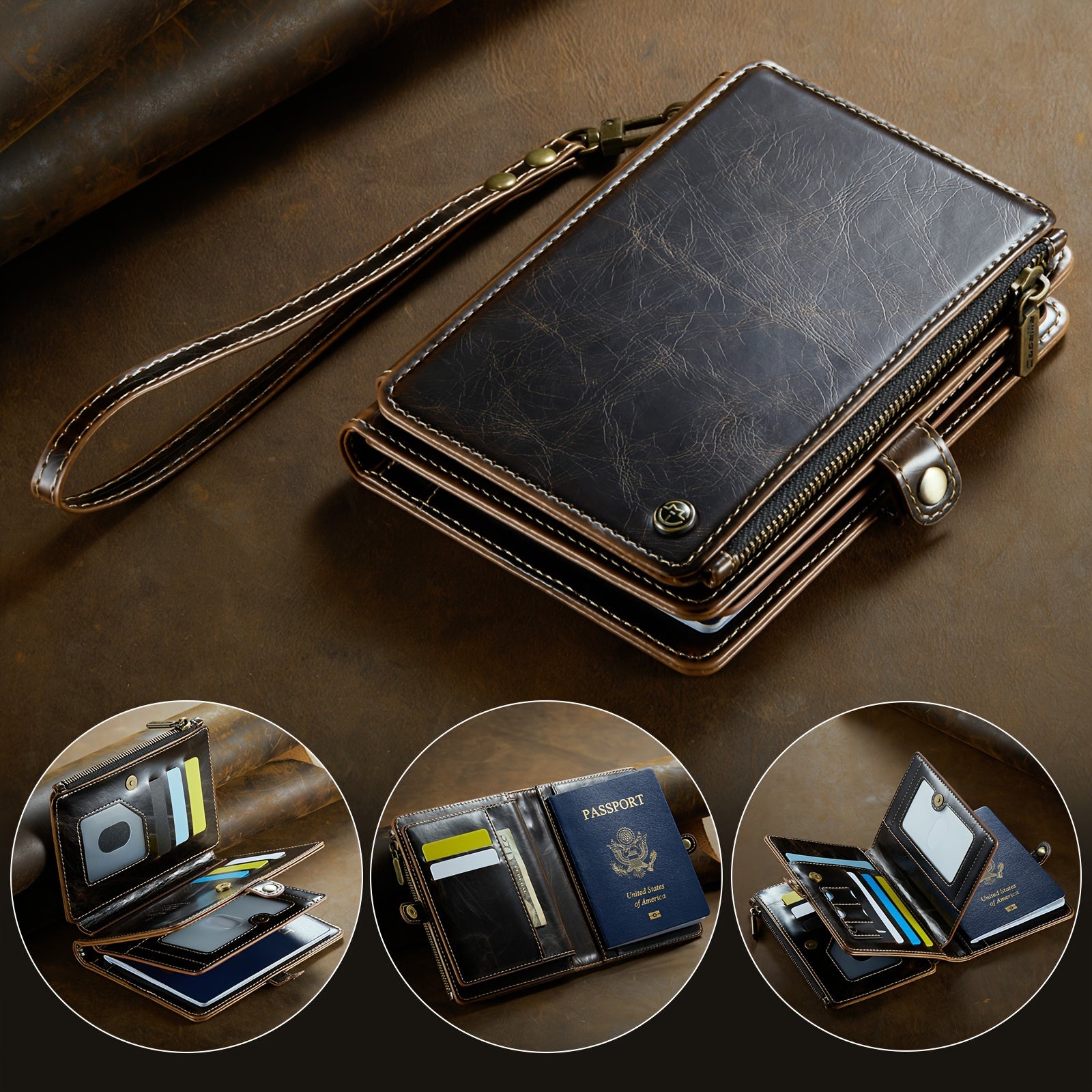 Faux Leather Passport Organizer with Zipper Coin Purse 11 Card Slots Cash Slots and Protective Cover