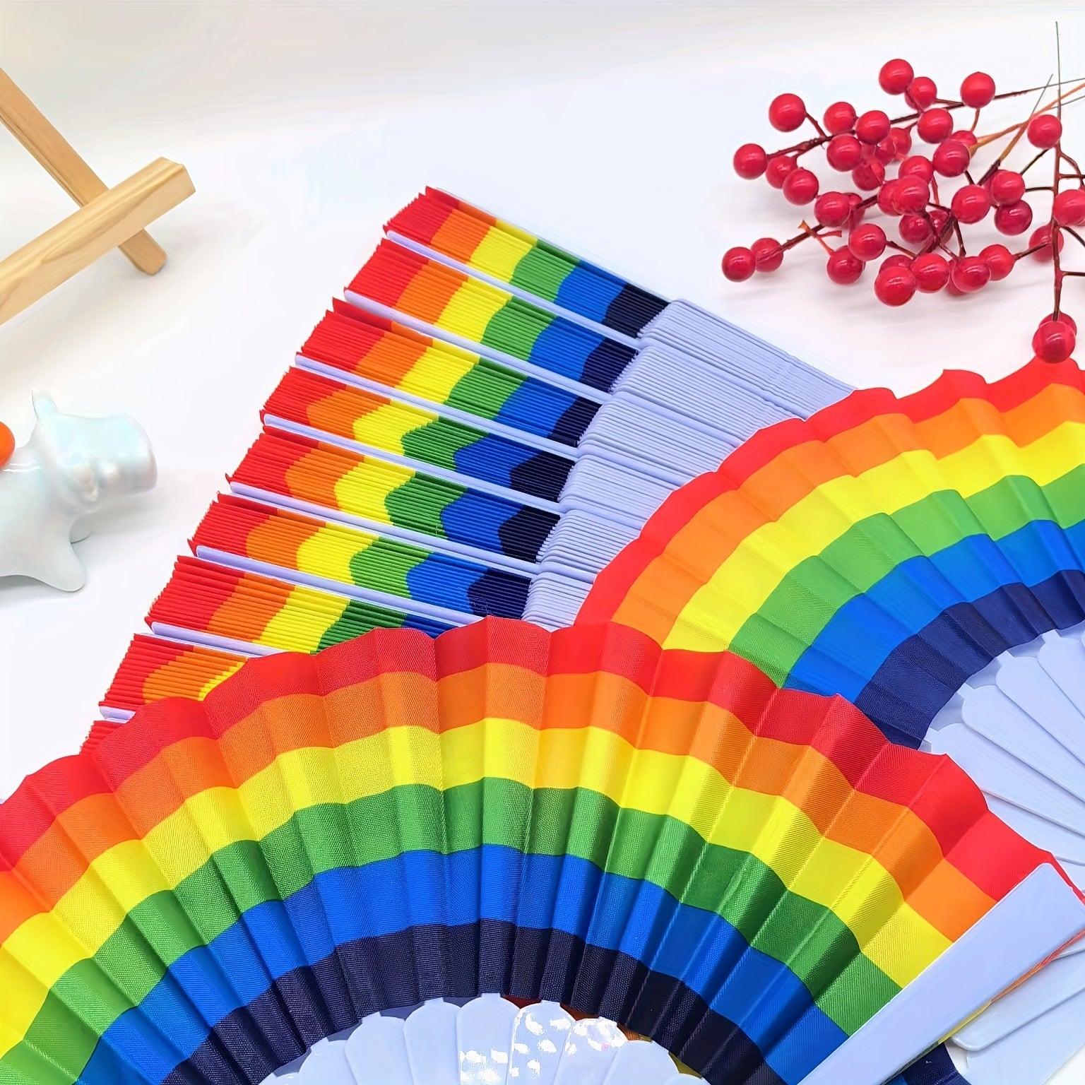 Set of 12 Rainbow Folding Fans Linen Fabric for Women Festive Party Decor
